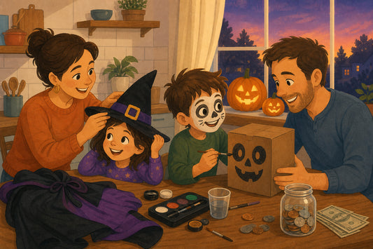 Family assembling budget Halloween costumes at the kitchen table
