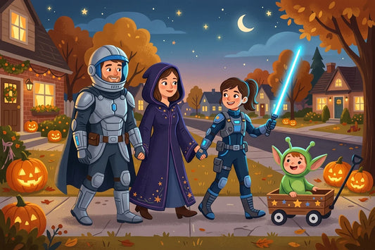 Family in space-adventure costumes trick-or-treating at dusk