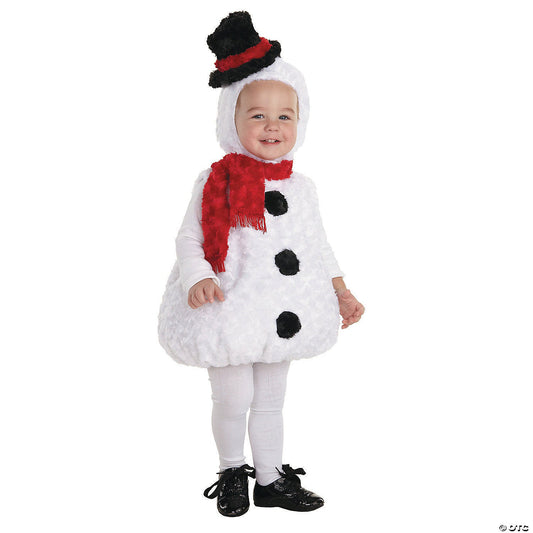 Toddler snowman costume with white plush body, black buttons, scarf, and hood with attached black hat