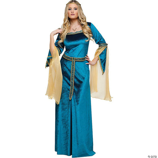 Women's Renaissance princess costume in teal velvet with gold trim and organza sleeves