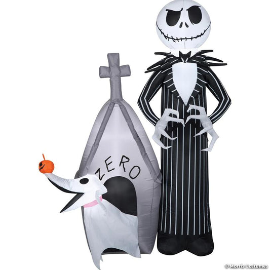 Airblown Jack Skellington in pinstripe suit beside Zero the ghost dog and his ZERO doghouse, front view