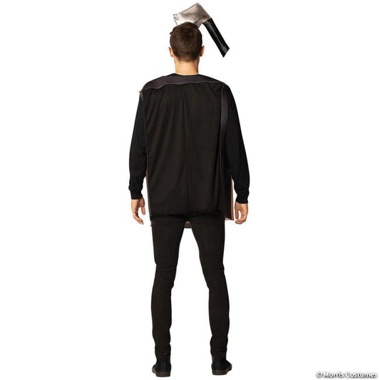 Back view of the axe throwing costume: black tunic and foam axe headband worn by a man