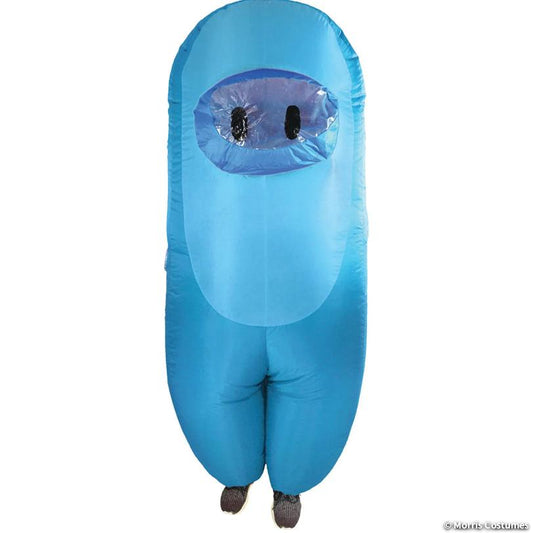 Cyan blue inflatable Crewmate Killer costume with clear oval visor, front view