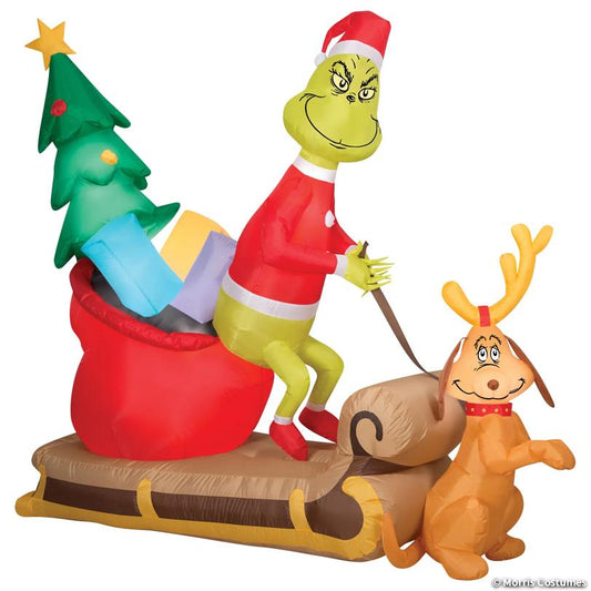 Sizing diagram: Grinch and Max with Sleigh inflatable measures 5'9" tall by 6'6" wide