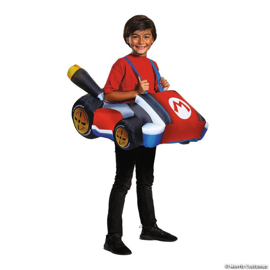Boy wearing the inflatable red Mario Kart costume with shoulder straps, front view