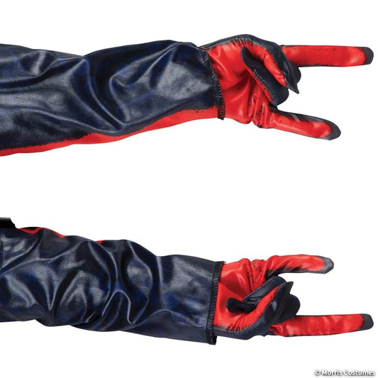 Kids' Miles Morales Spider-Verse gloves shown in web-shooting hand pose, black with red fingers