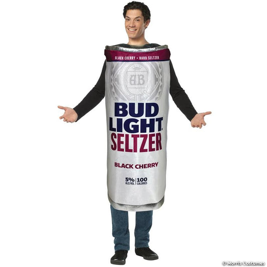 Man wearing the slim Bud Light Seltzer Black Cherry can tunic costume, front view