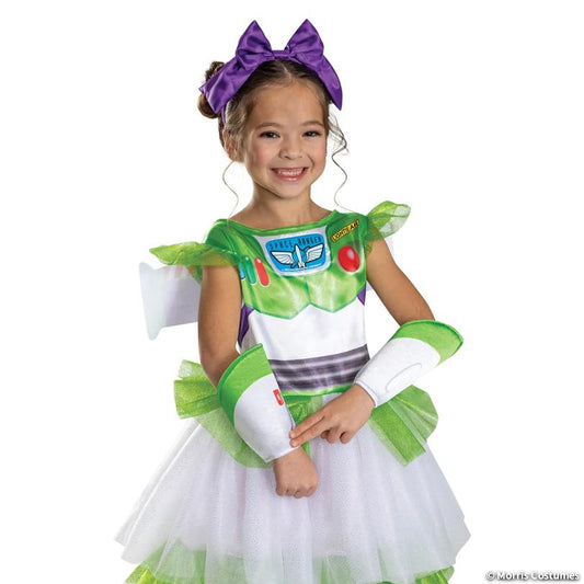 Girl wearing the Buzz Lightyear tutu dress with purple bow headband and wrist cuffs, close-up front view