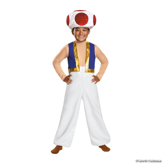 Boy wearing the Toad costume: red-spotted mushroom cap and white jumpsuit with blue vest, front view