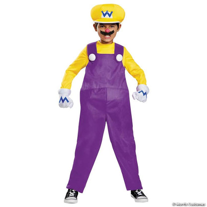 Boy wearing the Wario costume: purple jumpsuit, yellow shirt, W hat, white gloves and zigzag mustache
