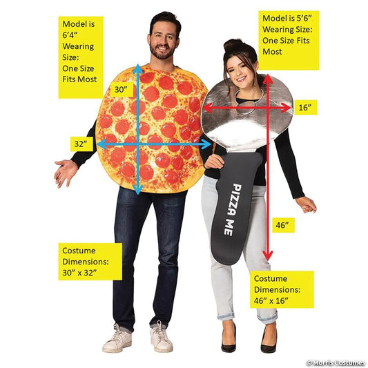 Sizing diagram of the pizza and pizza cutter couples costume: pizza 30 x 32 in., cutter 46 x 16 in., on 6'4" and 5'6" models
