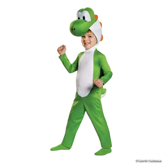 Toddler wearing the green Yoshi jumpsuit with Yoshi headpiece and white belly, side view