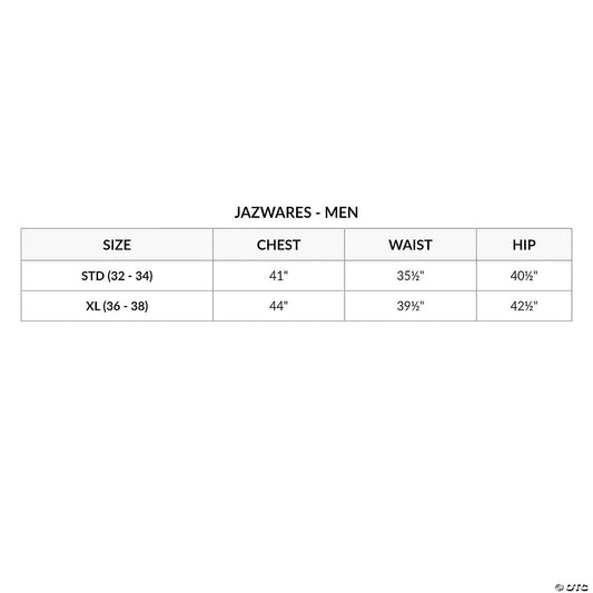 Jazwares men's costume size chart: Standard (32-34) 41 in. chest, XL (36-38) 44 in. chest, with waist and hip