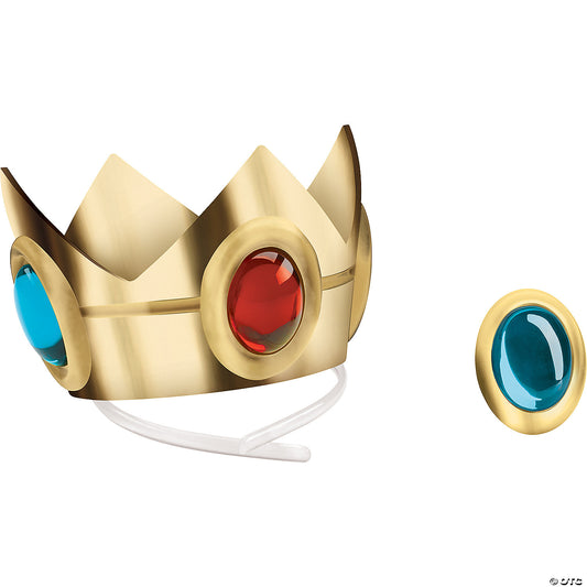 Close-up of the gold Princess Peach crown with red and blue faux jewels on a clear headband, plus blue amulet