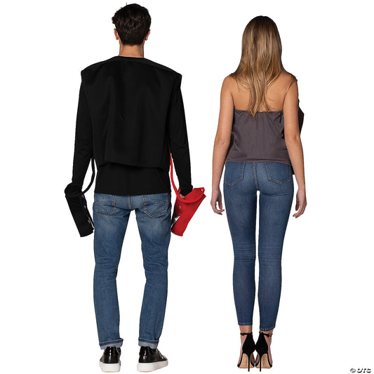 Back view of the battery and jumper cables couples costume showing plain tunic backs and cable mittens