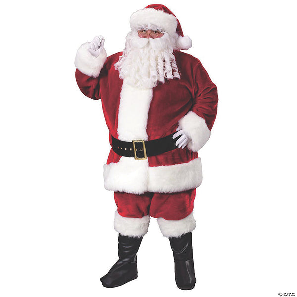 Man wearing the Men's Premium Plush Santa Suit with faux fur trim, hat, belt and boot tops