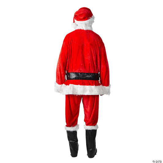 Back view of the red velour Santa suit showing jacket, belt, pants and boot tops