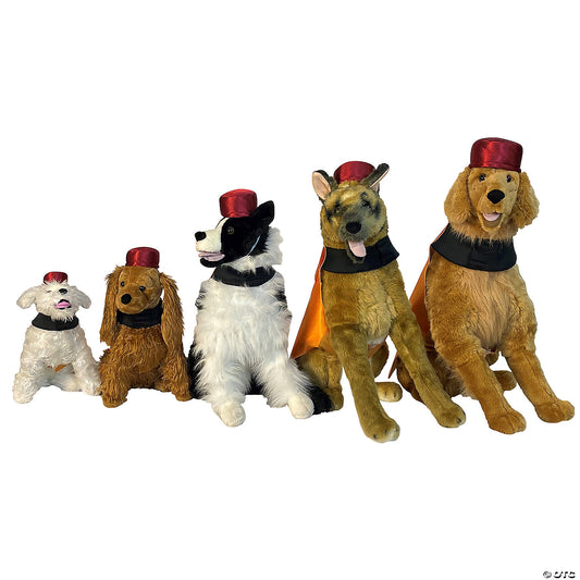 Five plush dogs of increasing size wearing the Southern Comfort red cap headpiece, front view